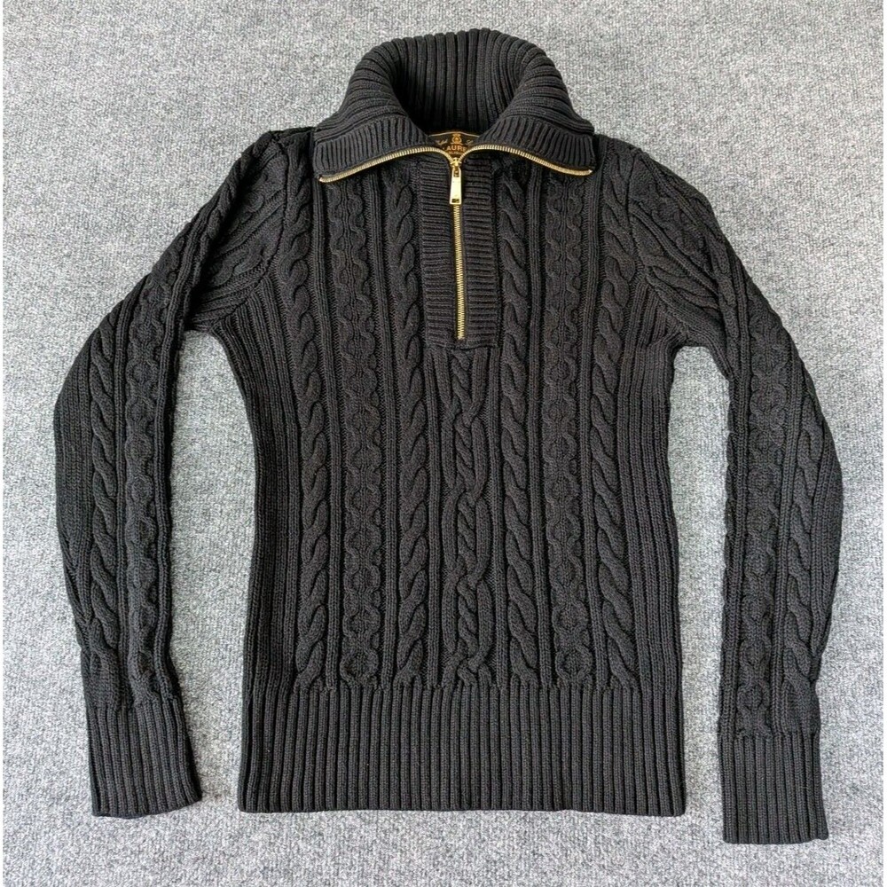 Ralph Lauren Black Label Half Zip Cotton Cable Knit Black Sweater Women's Sz M